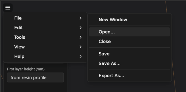 The Slicer’s top menubar with the File menu open on the Open… entry