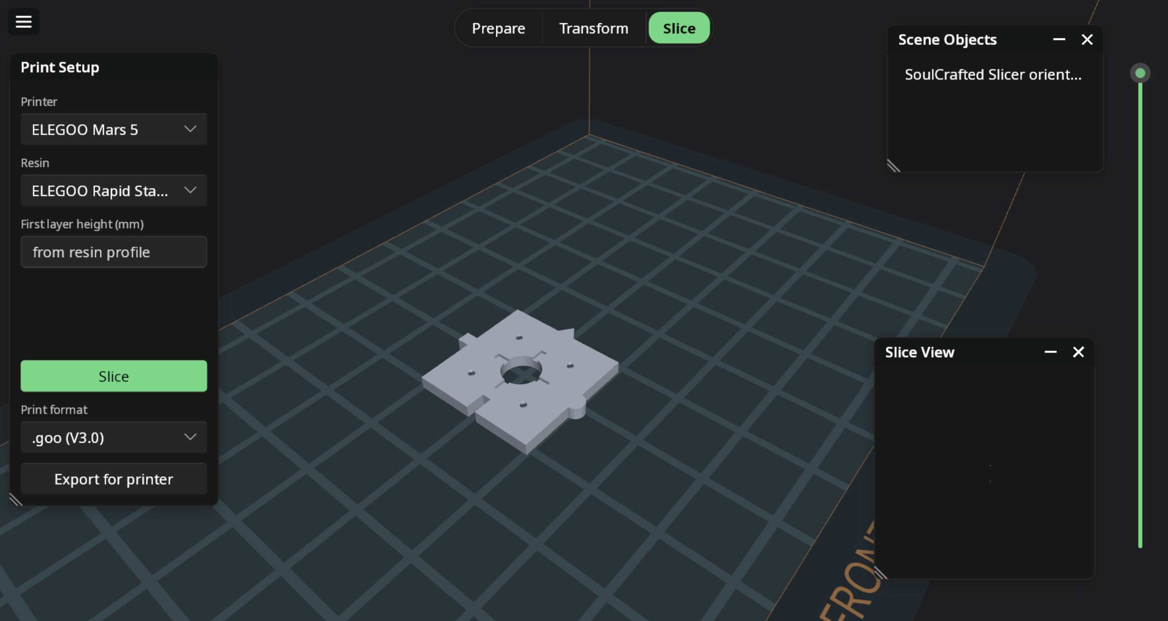 A model on the build plate, with the print setup panel showing the selected printer, resin and export format.