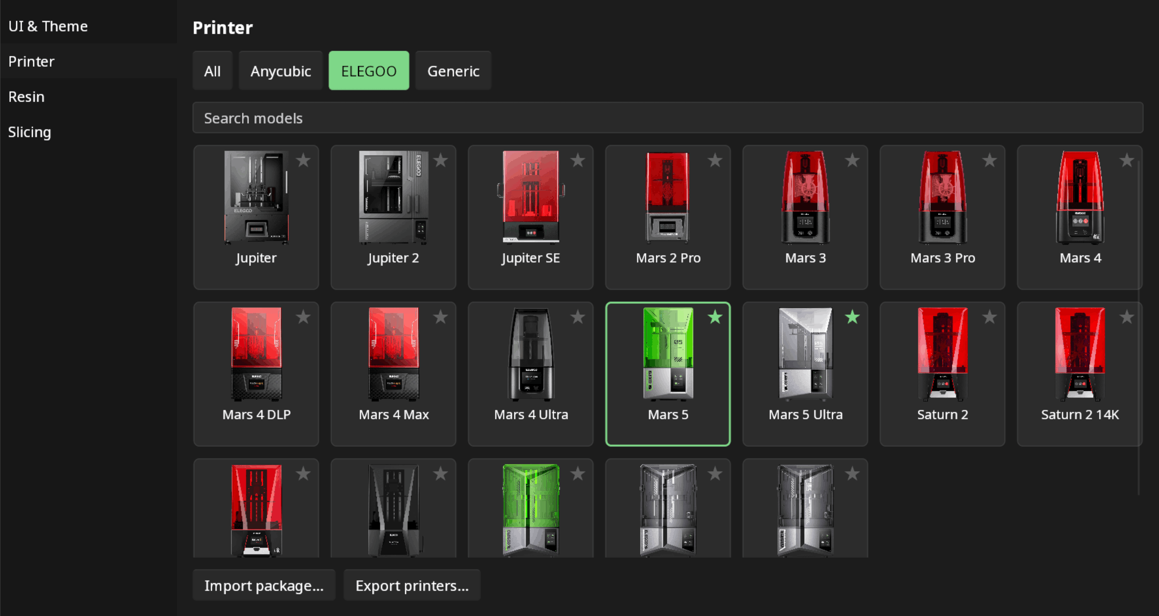 The printer library, filtered to one manufacturer, with a card for each supported machine.